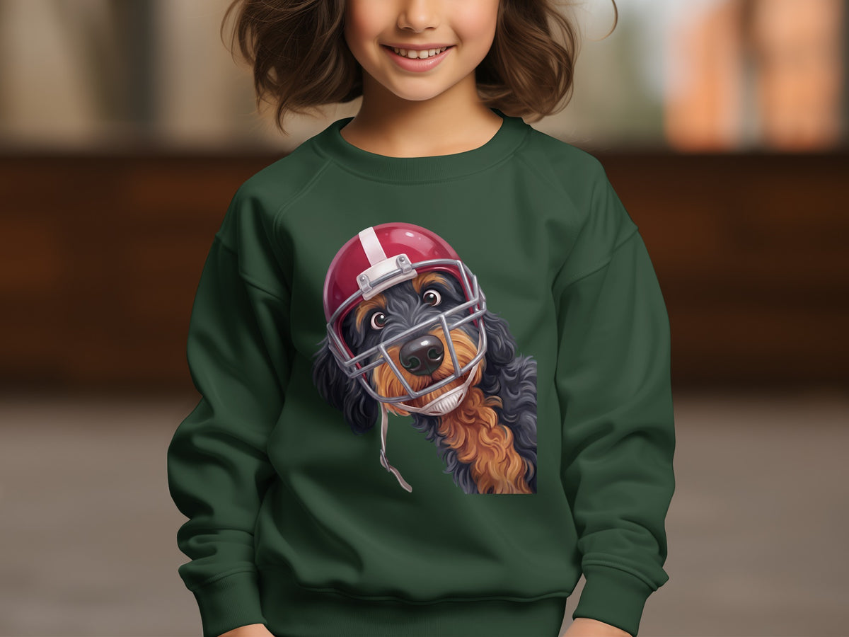Dark green sweatshirt with a cartoon dog wearing a red football helmet and facemask.