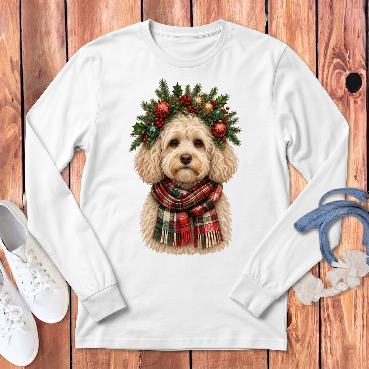 Maltipoo Holiday Crown Long Sleeve T-Shirt in White / S by MyDesigns