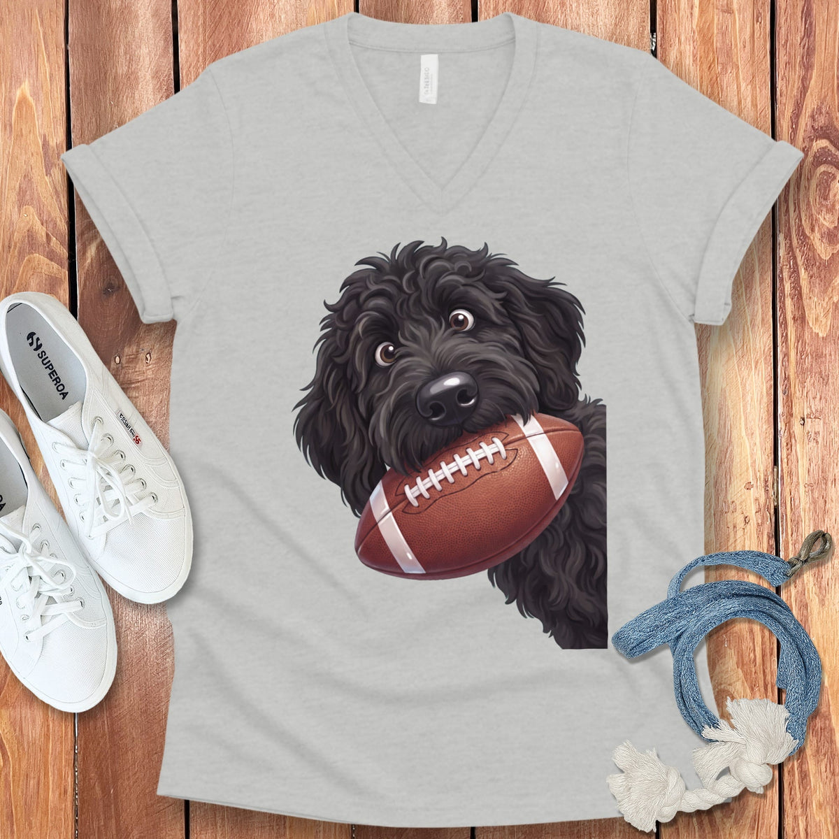 Black Goldendoodle Football V-Neck T-Shirt in Athletic Heather / S by Puppy Jo