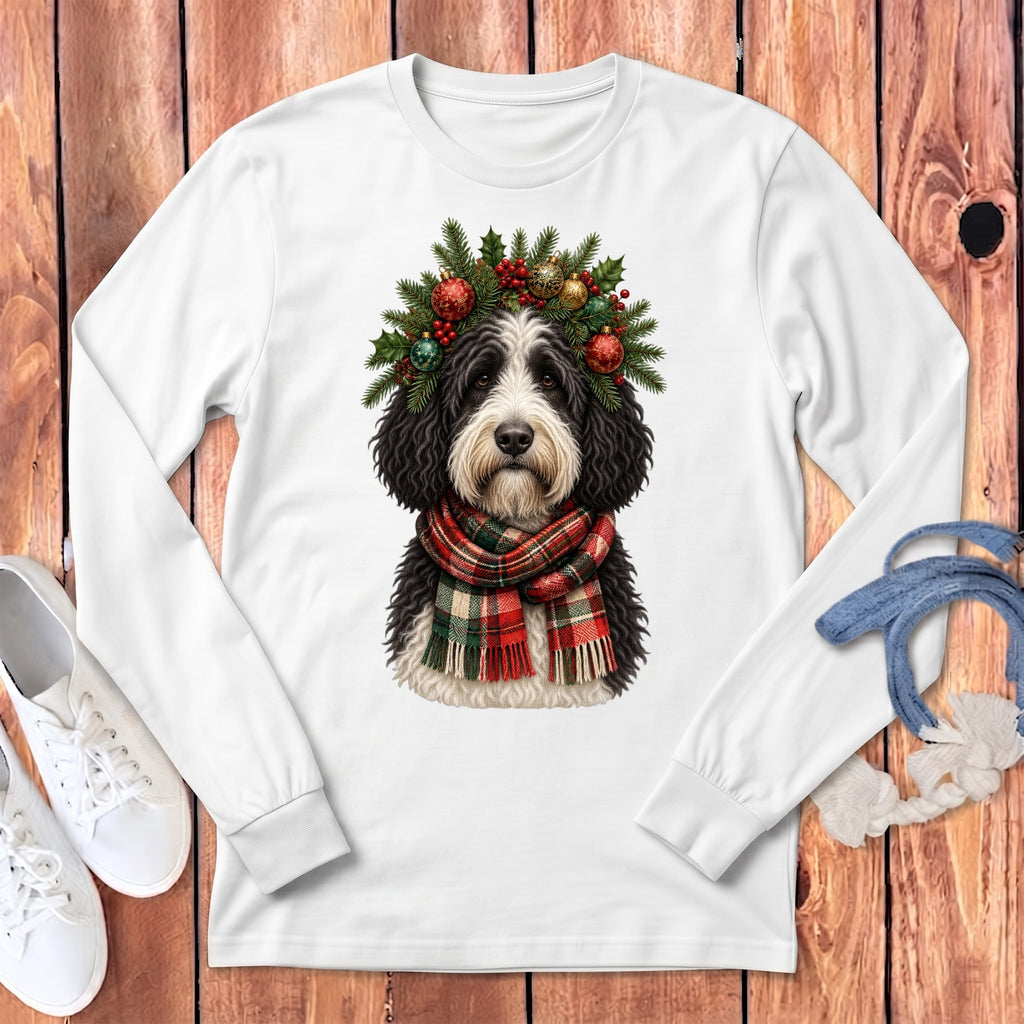 Sheepadoodle Holiday Crown Long Sleeve T-Shirt in White / S by MyDesigns