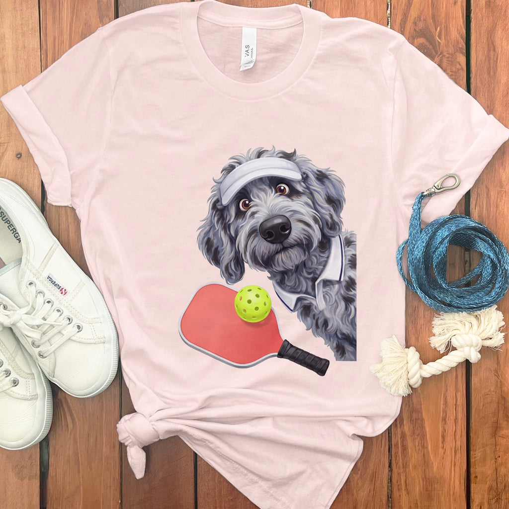 Merle Goldendoodle Pickleball Player T-Shirt in Soft Pink / S by Puppy Jo