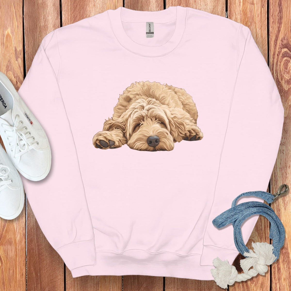 Golden Goldendoodle Snoozing Sweatshirt in Light Pink / S by Puppy Jo