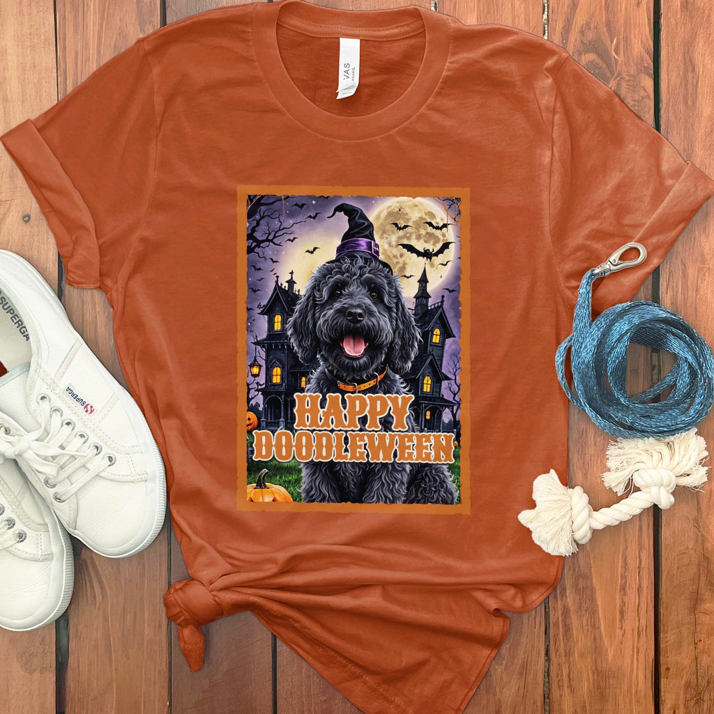 Black Goldnedoodle Happy Doodleween T-Shirt in Autumn / S by Puppy Jo