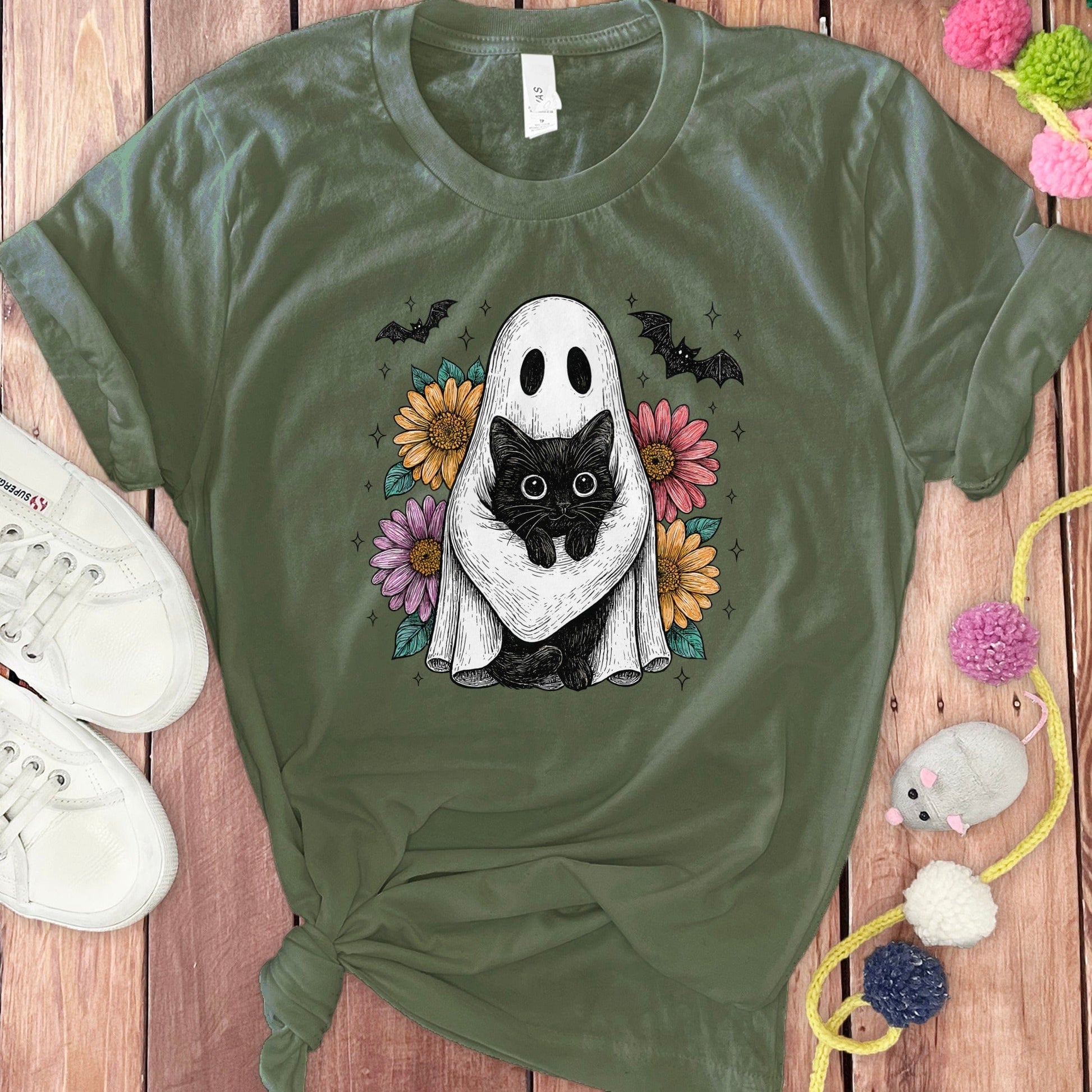 Halloween Ghost with Black Cat Graphic Tee product
