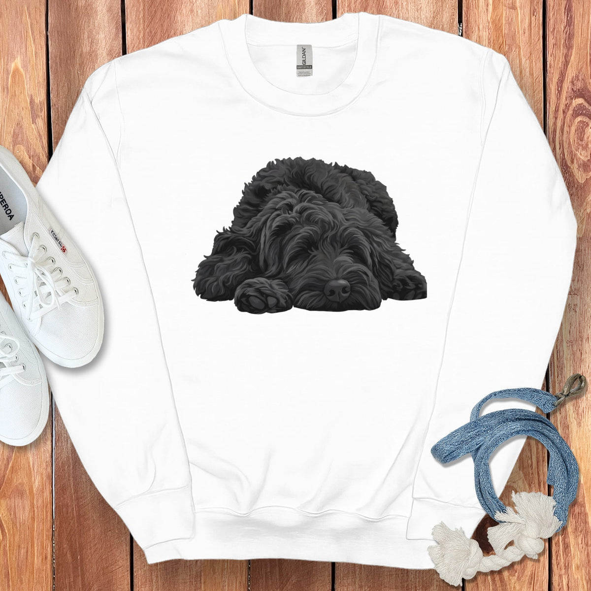 Black Goldendoodle Snoozing Sweatshirt in White / S by Puppy Jo