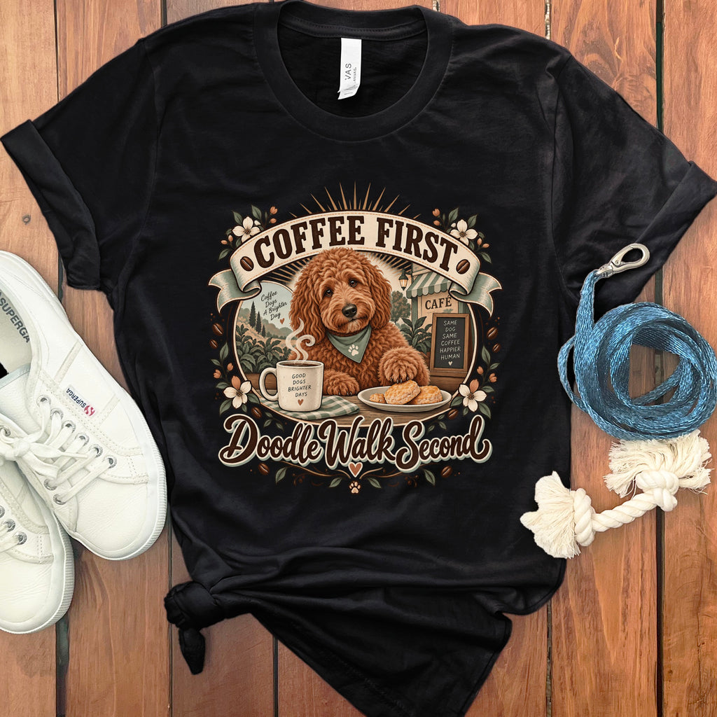 Black t-shirt with "Coffee First, Doodle Walk Second" graphic featuring a dog.