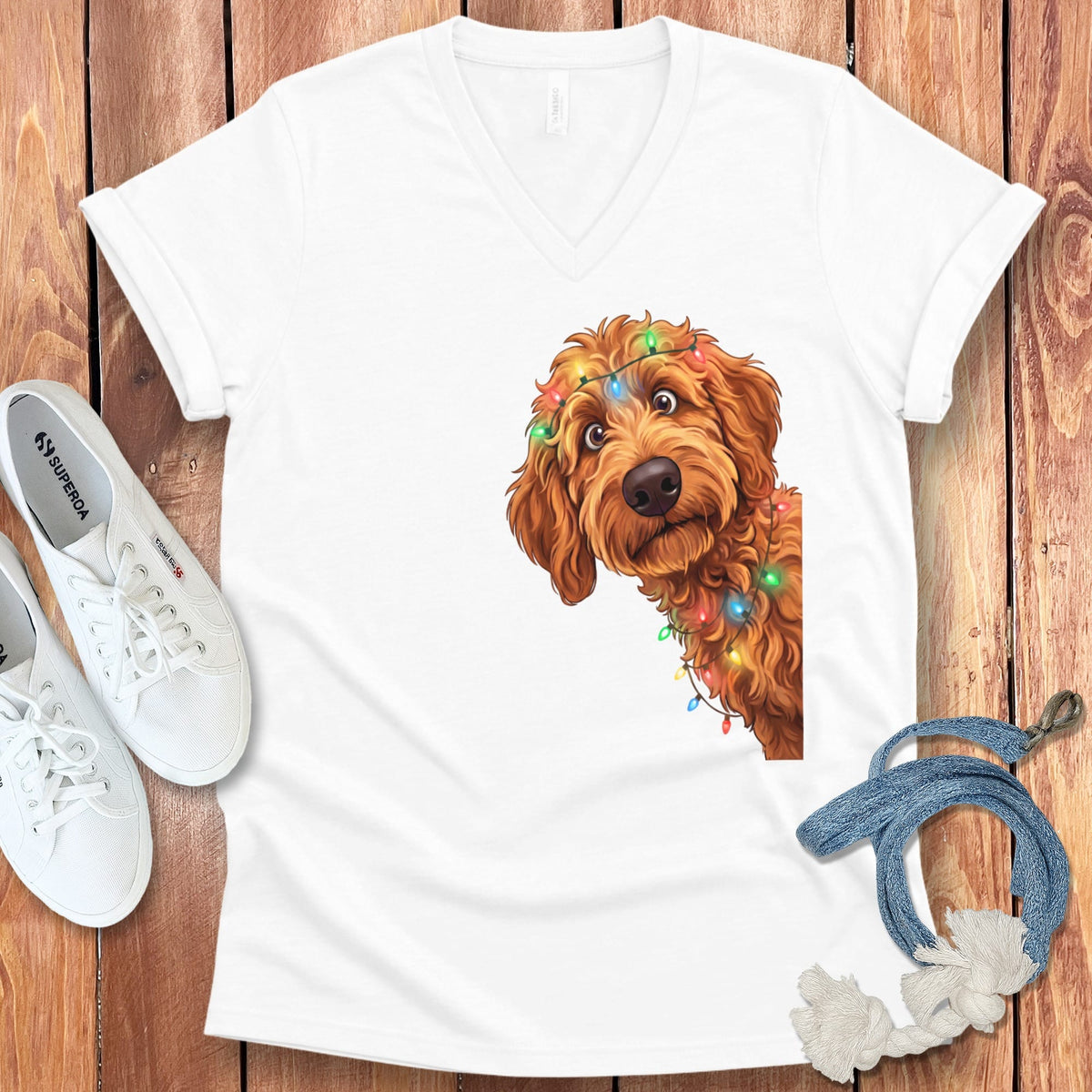 Peeking Apricot Goldendoodle Holiday V-Neck T-Shirt in White / S by Puppy Jo