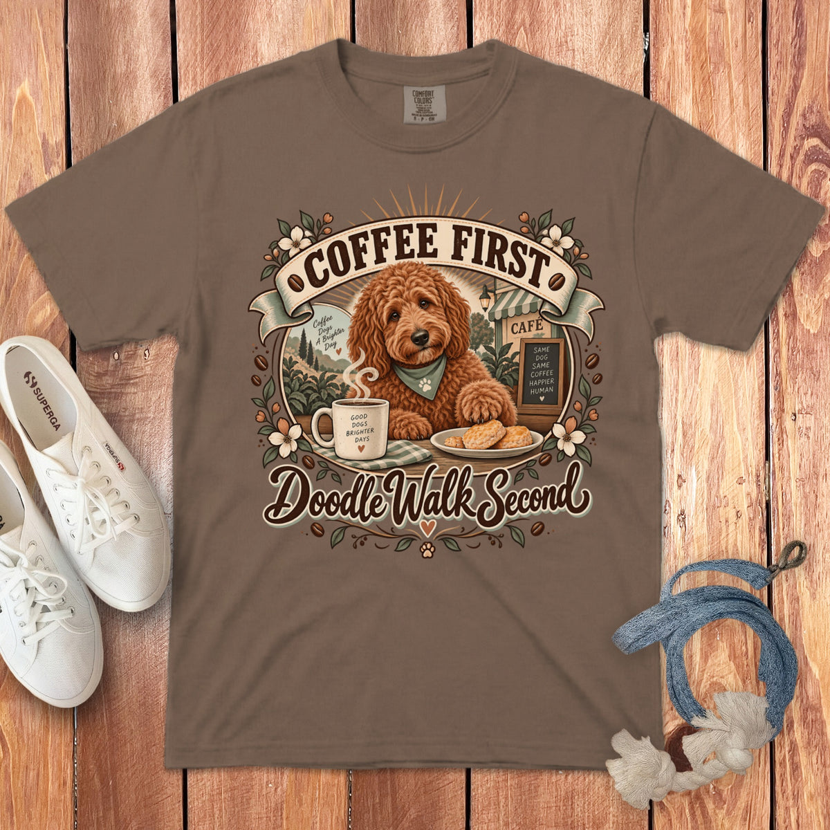 Brown t-shirt with "Coffee First, Doodle Walk Second" graphic featuring a doodle dog, coffee cup, and cafe.