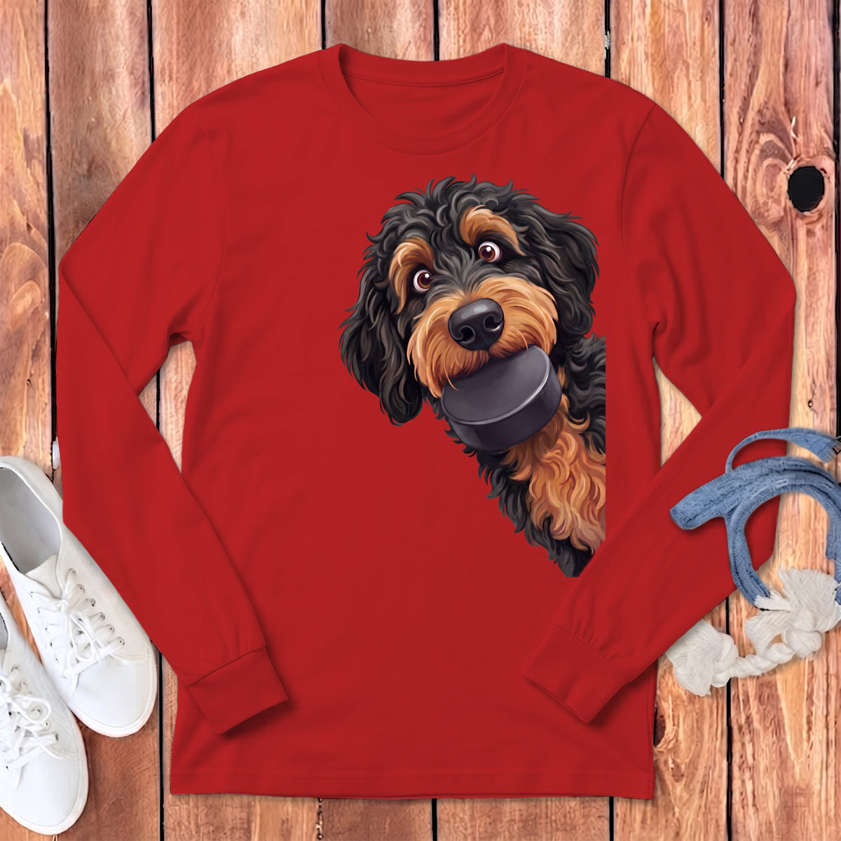 Phantom Goldendoodle Hockey Puck Long Sleeve T-Shirt in Red / S by Puppy Jo