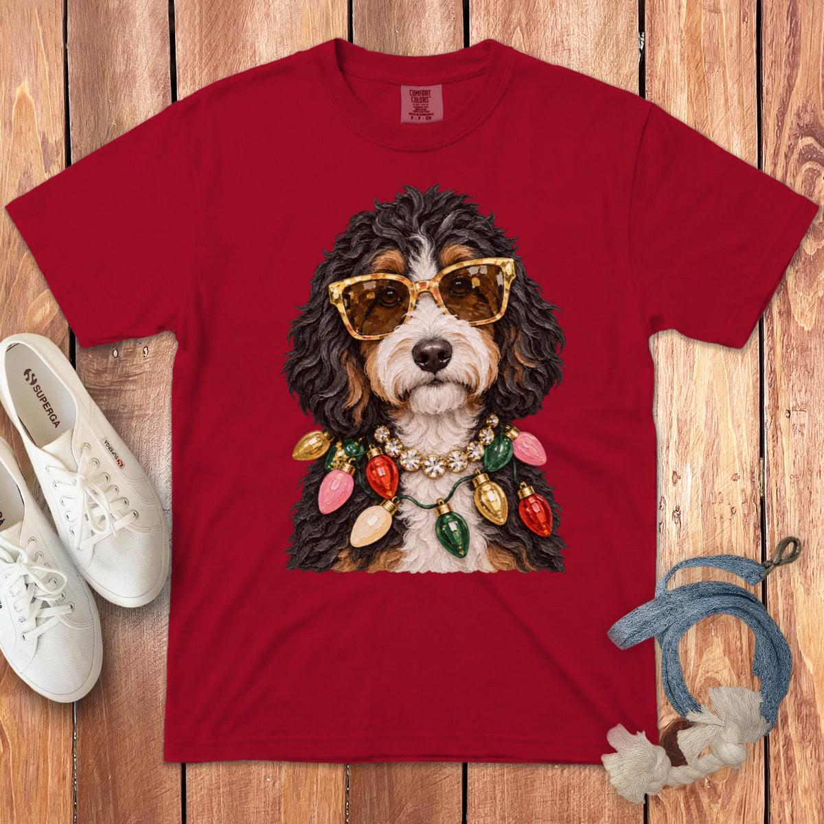 Bernedoodle dog wearing sunglasses and Christmas lights necklace.