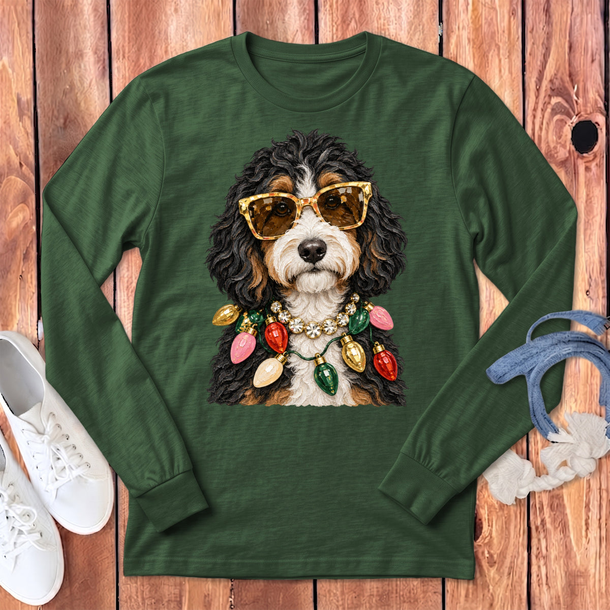 Green long-sleeve shirt with a dog wearing sunglasses and Christmas lights necklace.