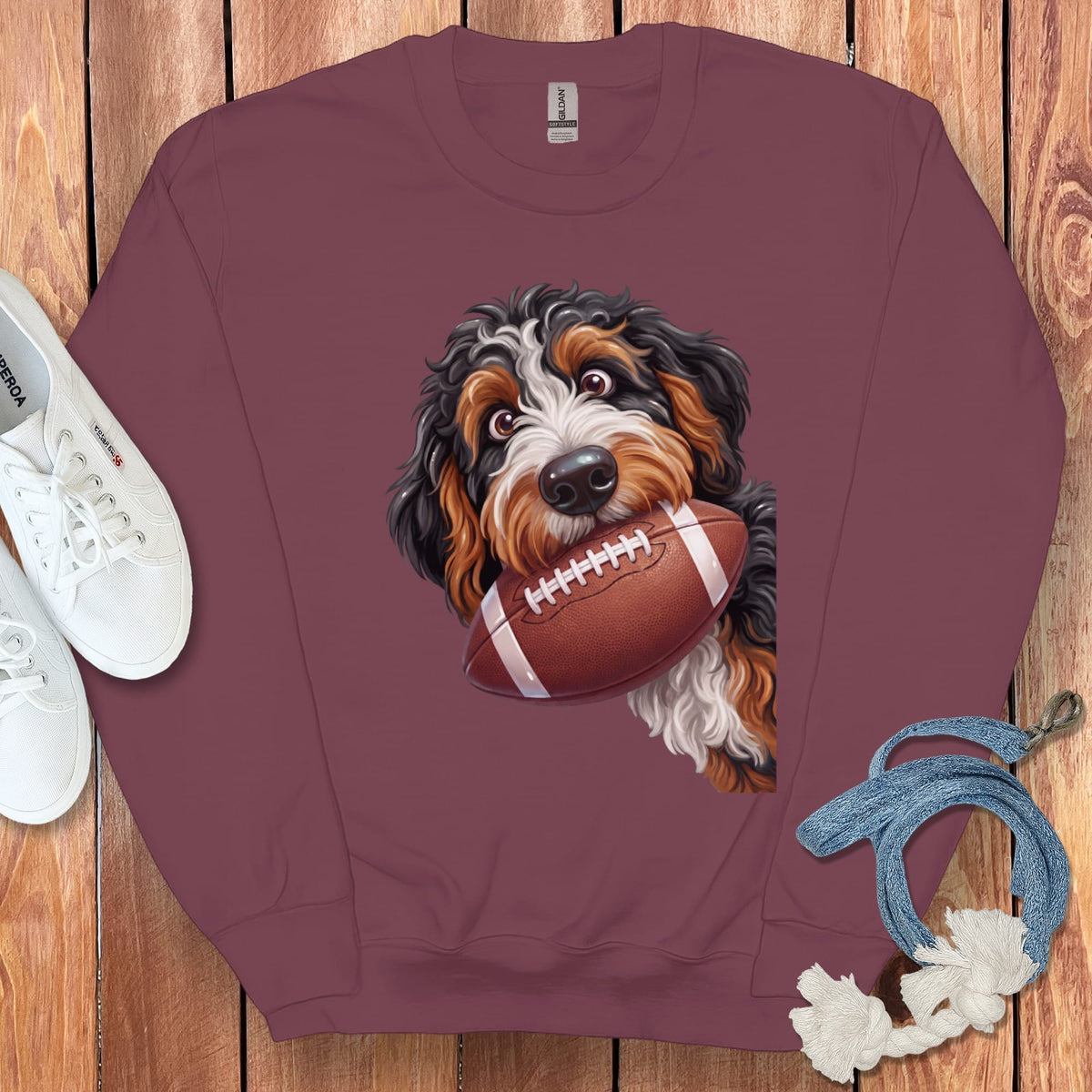 Bernedoodle Football Sweatshirt in Maroon / S by Puppy Jo