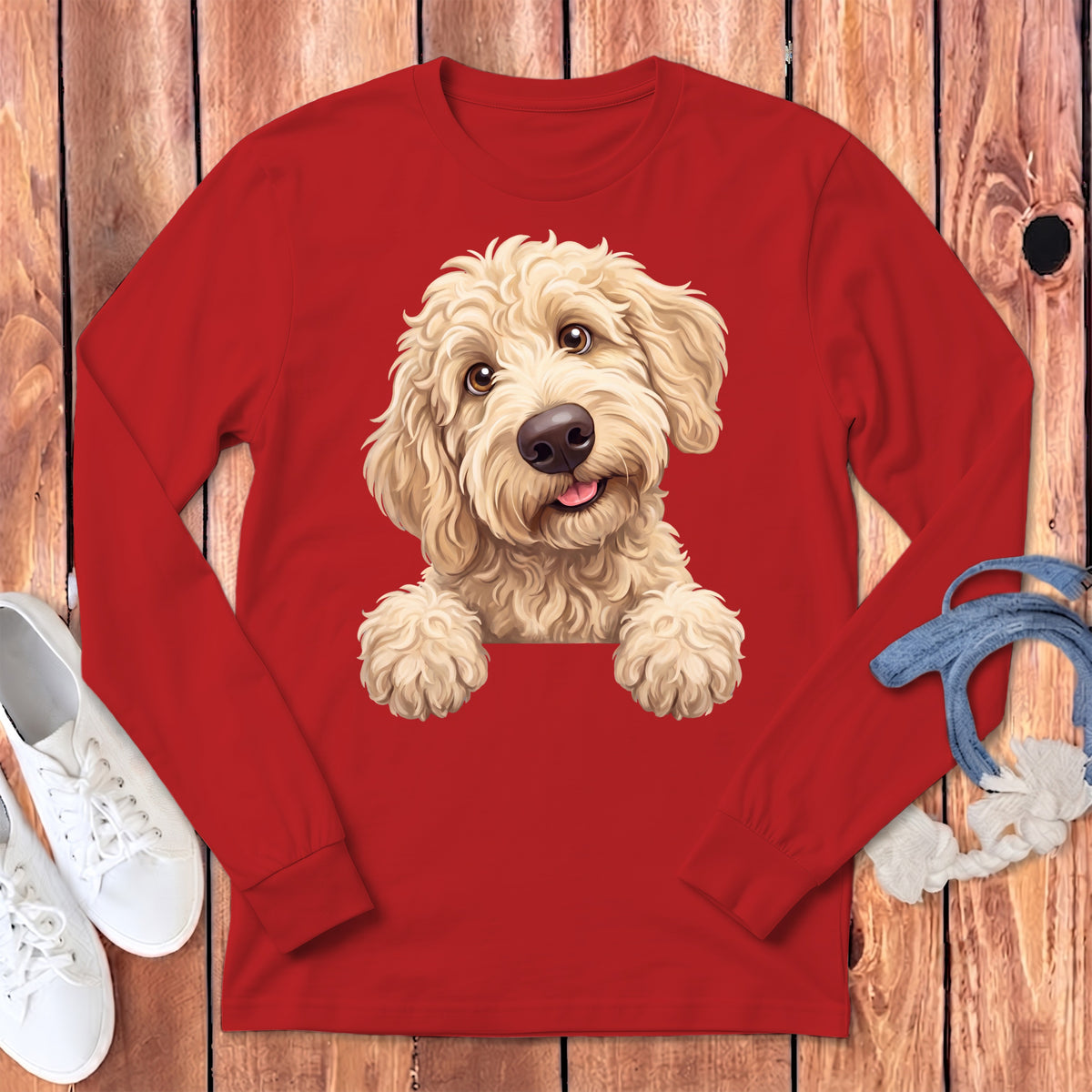 Red long sleeve shirt with a cute doodle dog graphic.