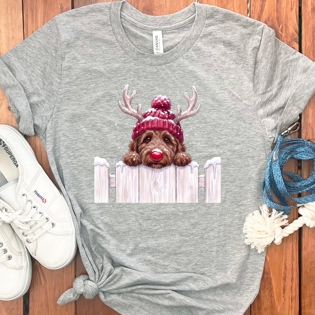 Grey t-shirt with a Christmas-themed doodle of a dog wearing a hat and antlers.