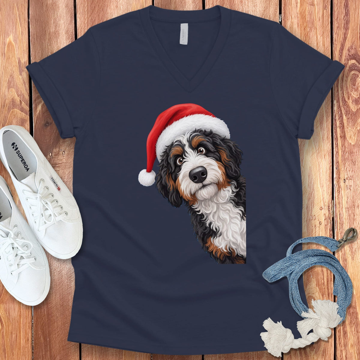 Bernedoodle Holiday Santa V-Neck T-Shirt in Navy / S by Puppy Jo