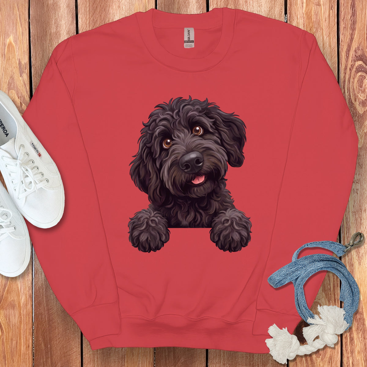 Red sweatshirt with a black doodle dog graphic and Gildan tag.