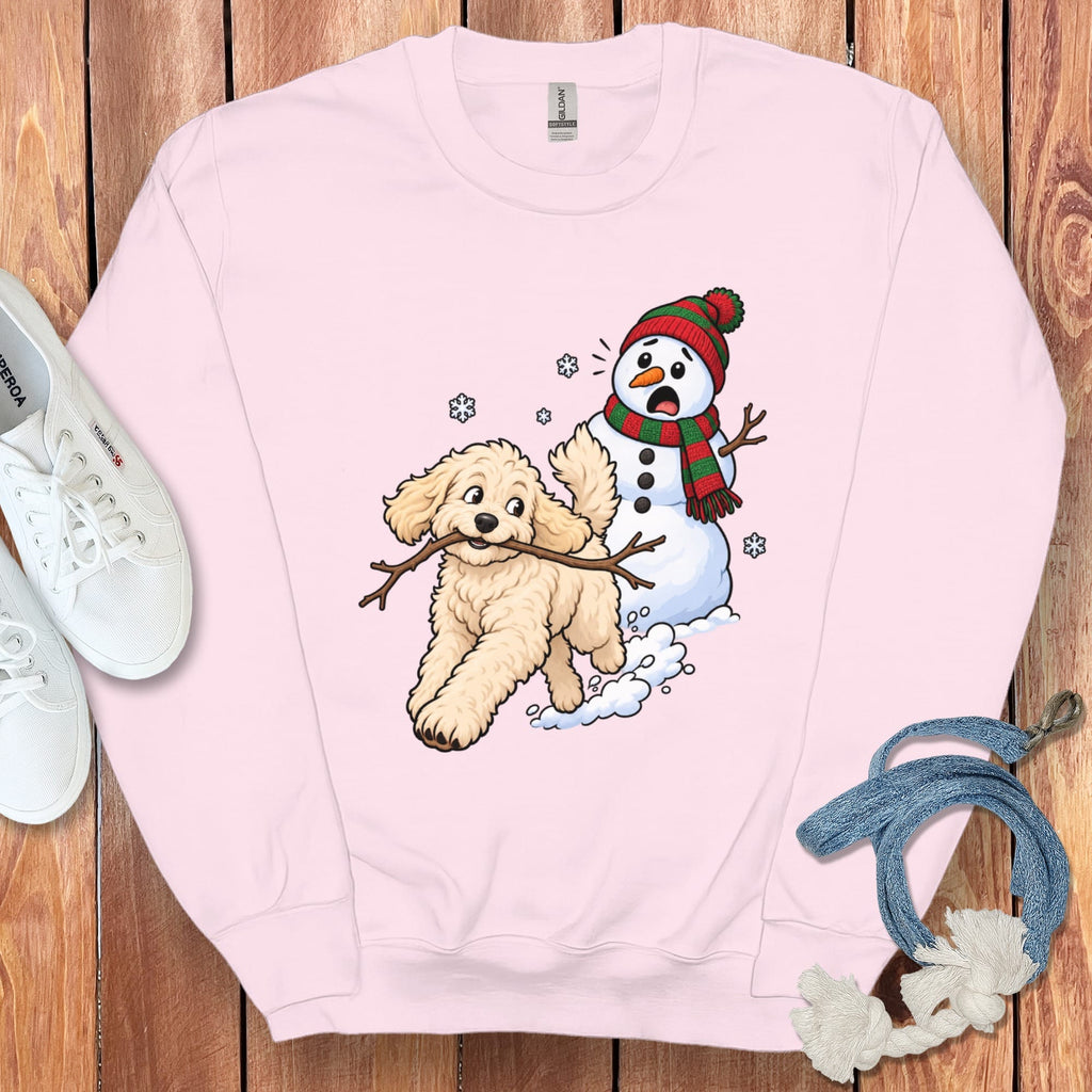 Cream Goldendoodle Snowman Sweatshirt in Light Pink / S by Puppy Jo