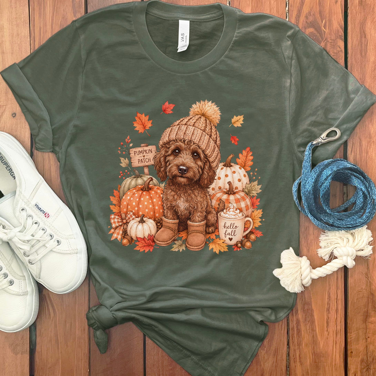 Chocolate Goldendoodle Pumpkin Patch T-Shirt in Military Green / S by Puppy Jo