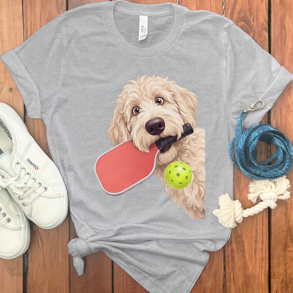 Cream Goldendoodle Pickleball T-Shirt in Athletic Heather / S by Puppy Jo
