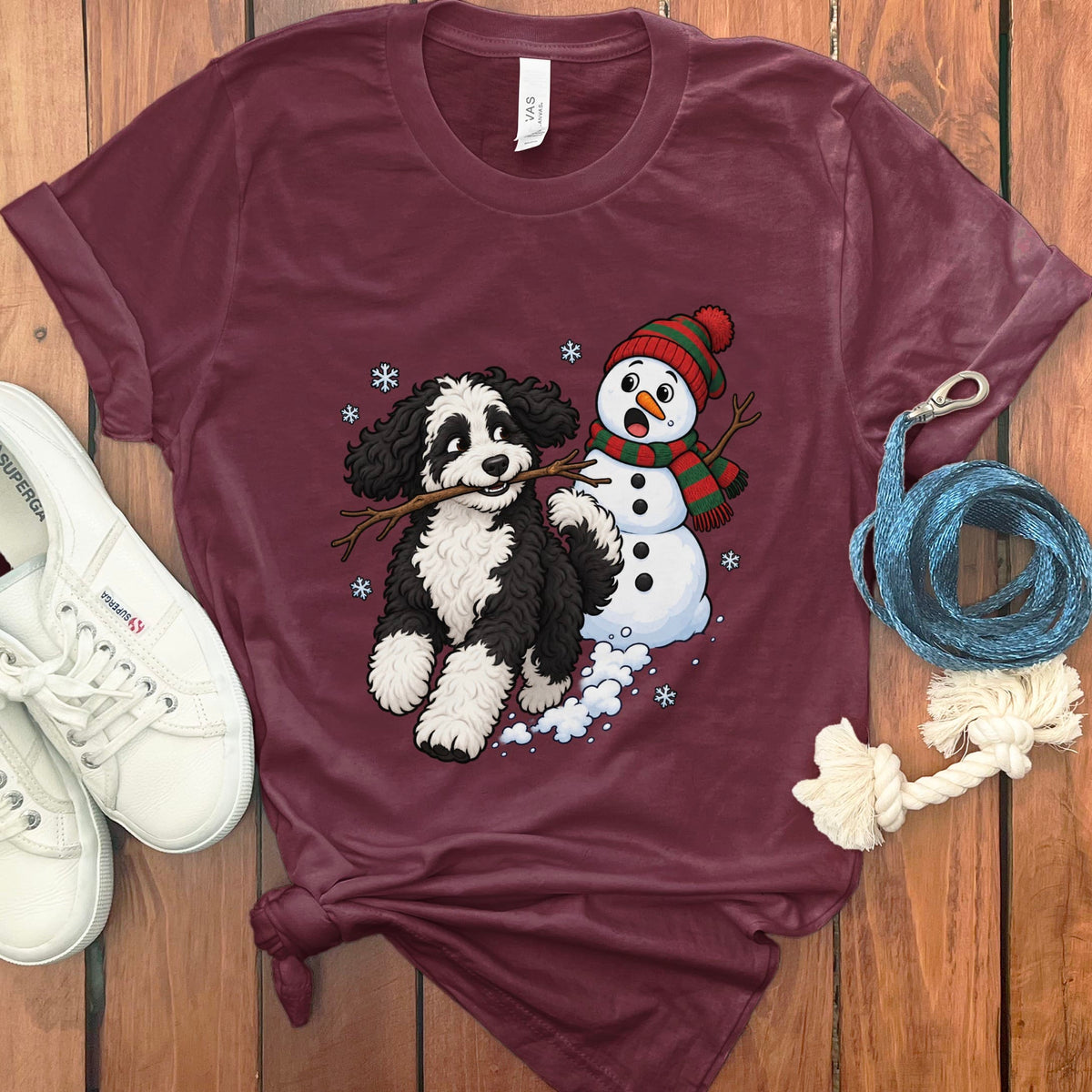 Sheepadoodle Snowman T-Shirt in Maroon / S by Puppy Jo