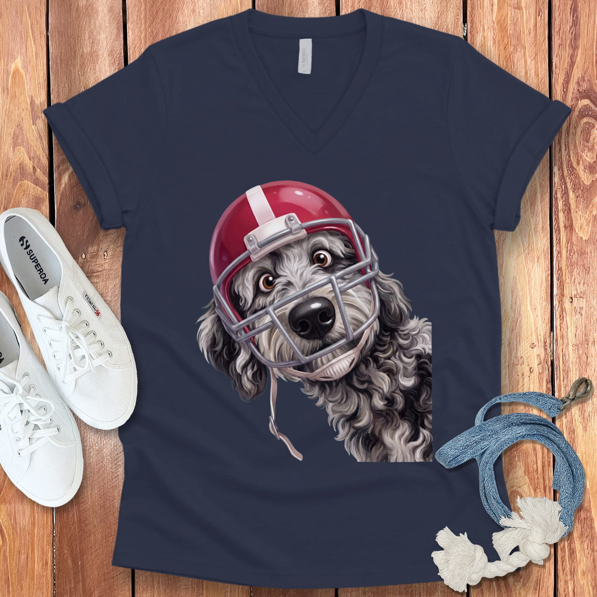Merle Goldendoodle Football Helmet V-Neck T-Shirt in Navy / S by Puppy Jo
