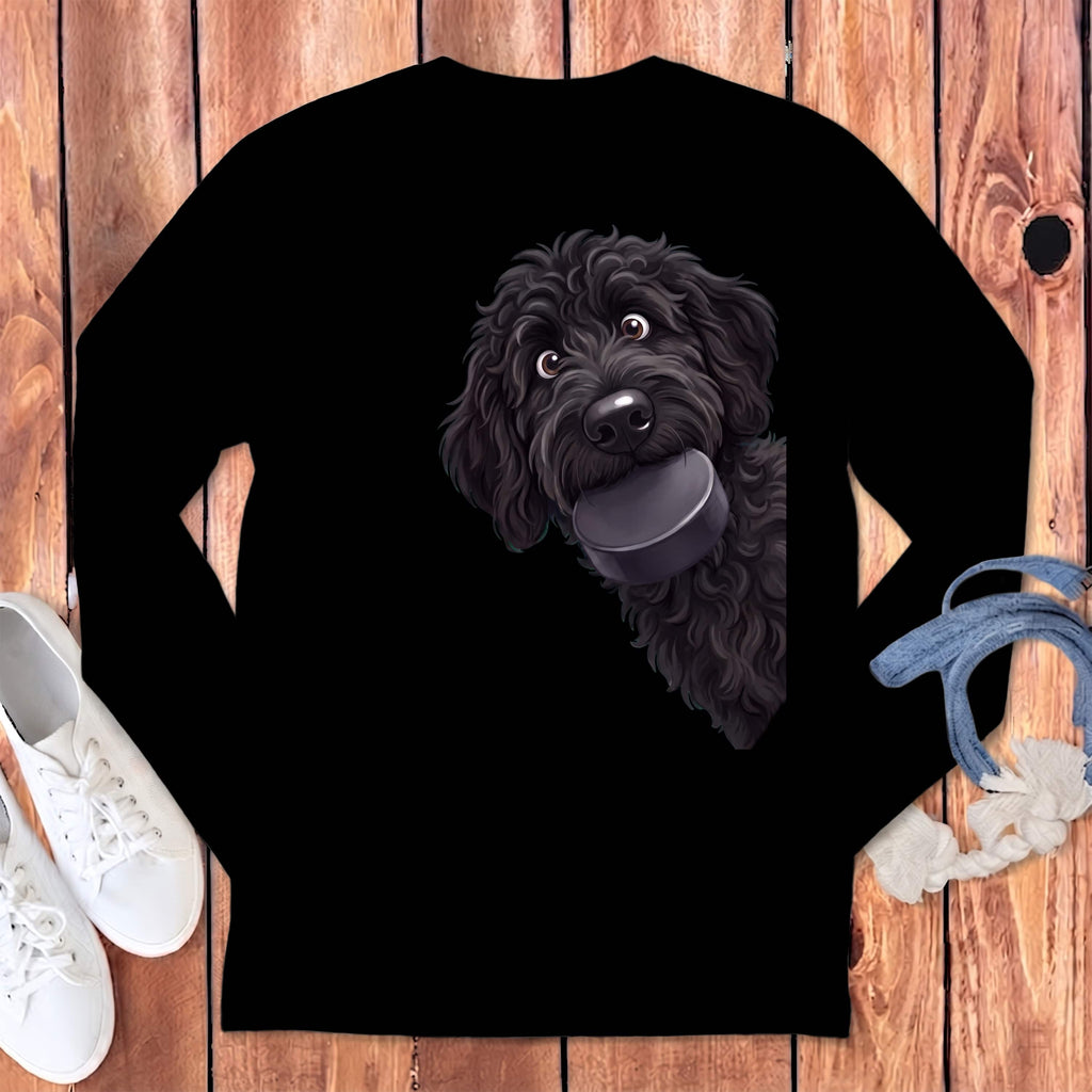 Black Goldendoodle Hockey Puck Long Sleeve T-Shirt in Black / S by Puppy Jo