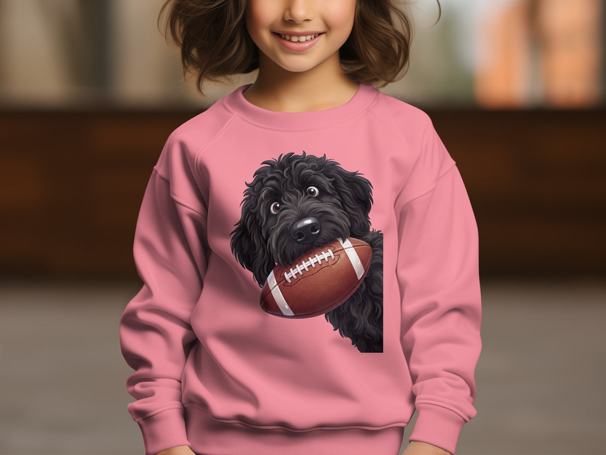Pink sweatshirt with a black dog illustration holding a football.