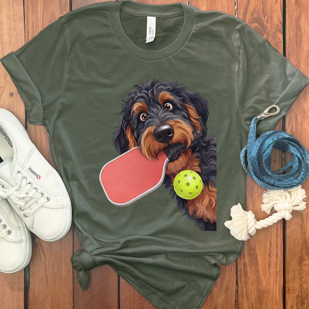 Phantom Goldendoodle Pickleball T-Shirt in Military Green / S by Puppy Jo