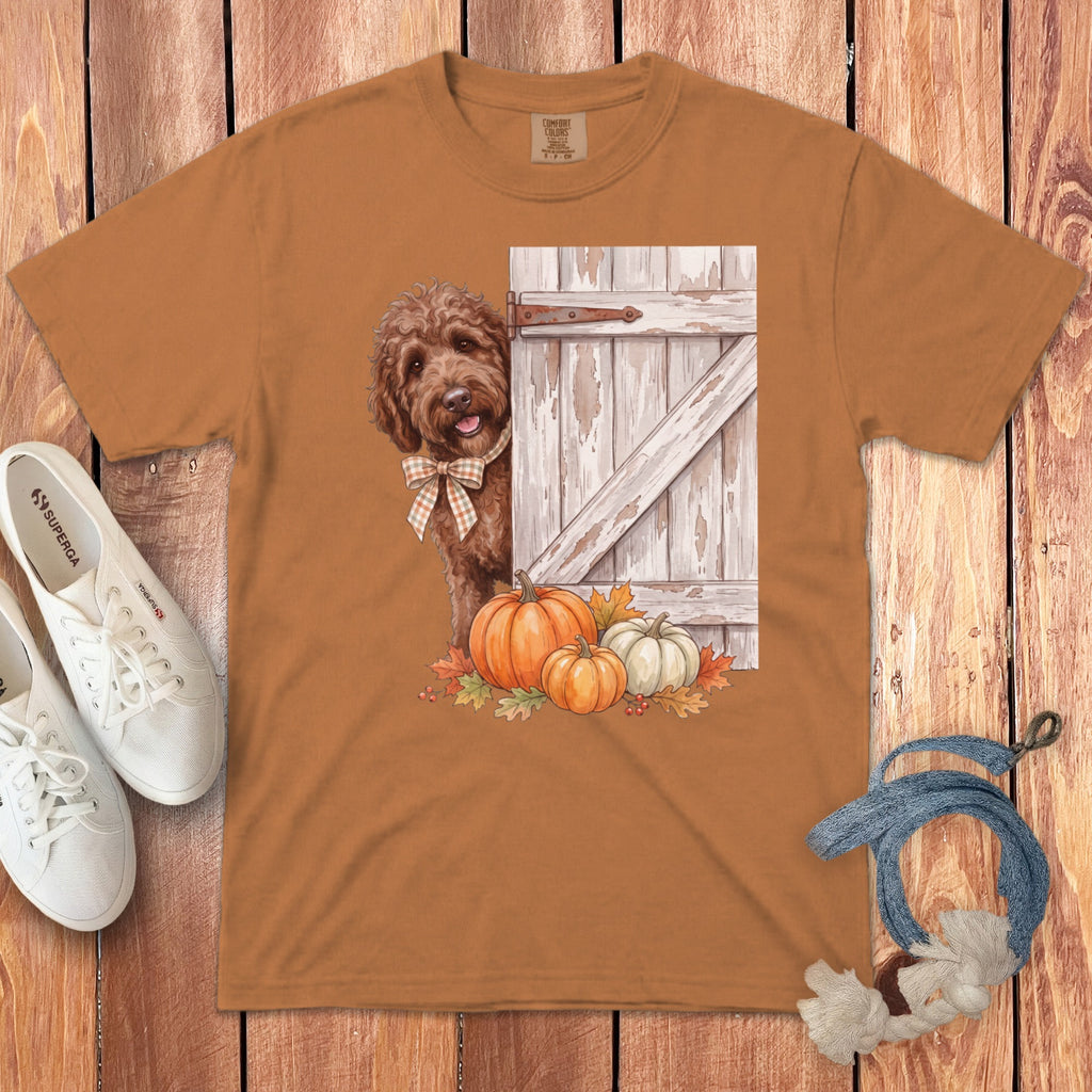 Brown dog with plaid bow peeking around a rustic barn door with pumpkins.