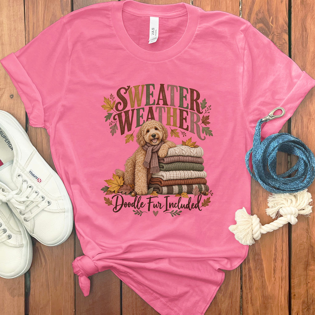 Pink t-shirt with "Sweater Weather Doodle Fur Included" graphic and a dog.