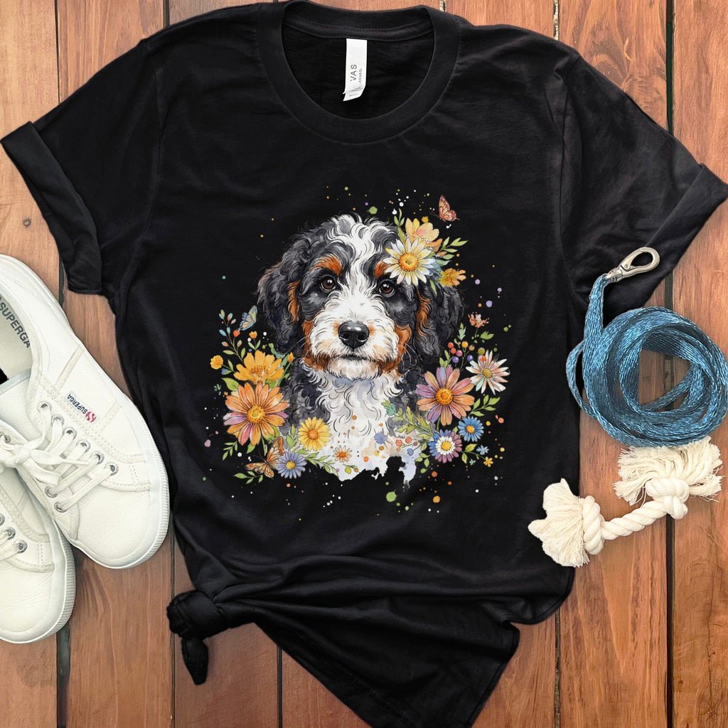 Cute Dog and Flowers Illustration on Black Tee Product