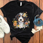 Cute Dog and Flowers Illustration on Black Tee Product