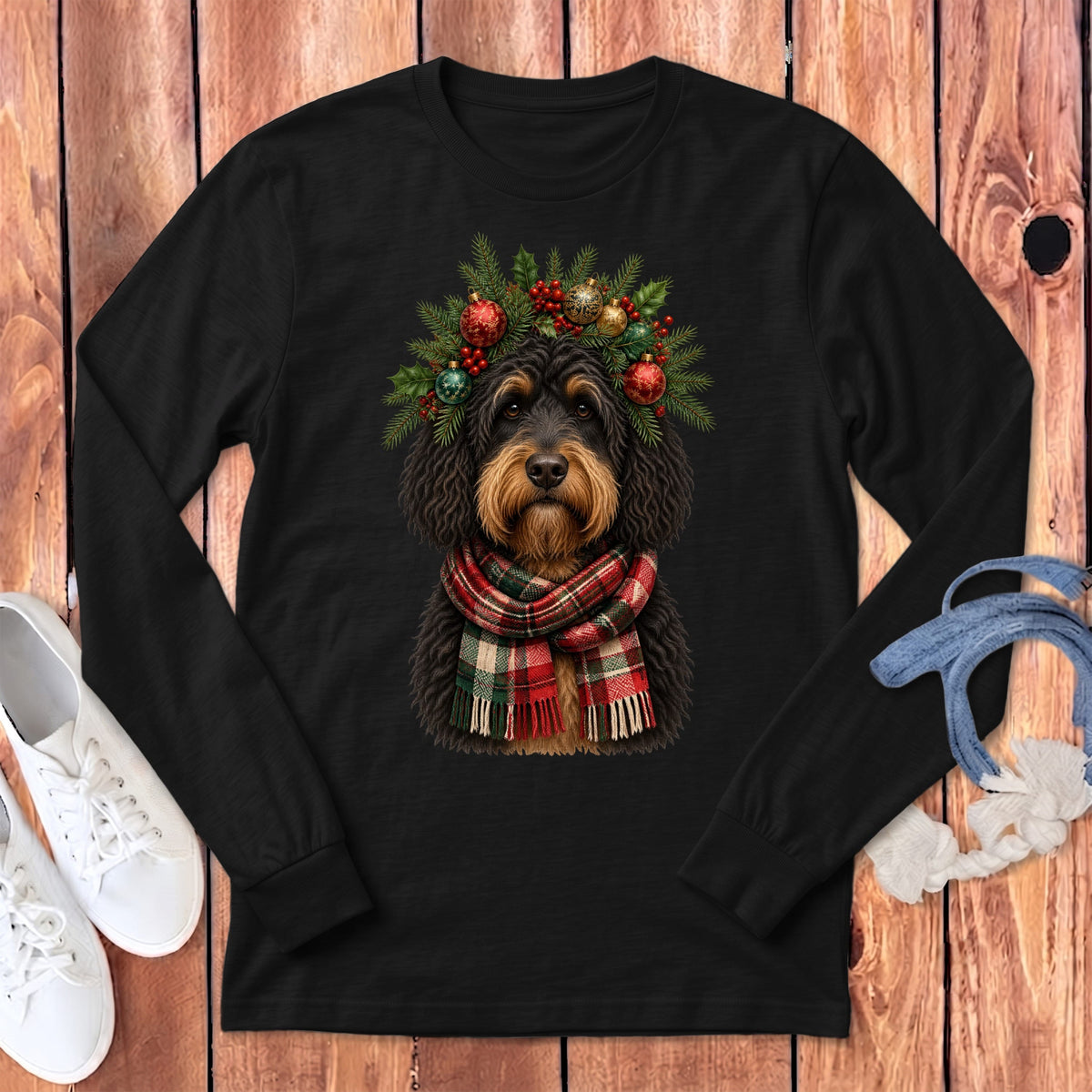Phantom Goldendoodle Holiday Crown Long Sleeve T-Shirt in Dark Grey Heather / S by MyDesigns