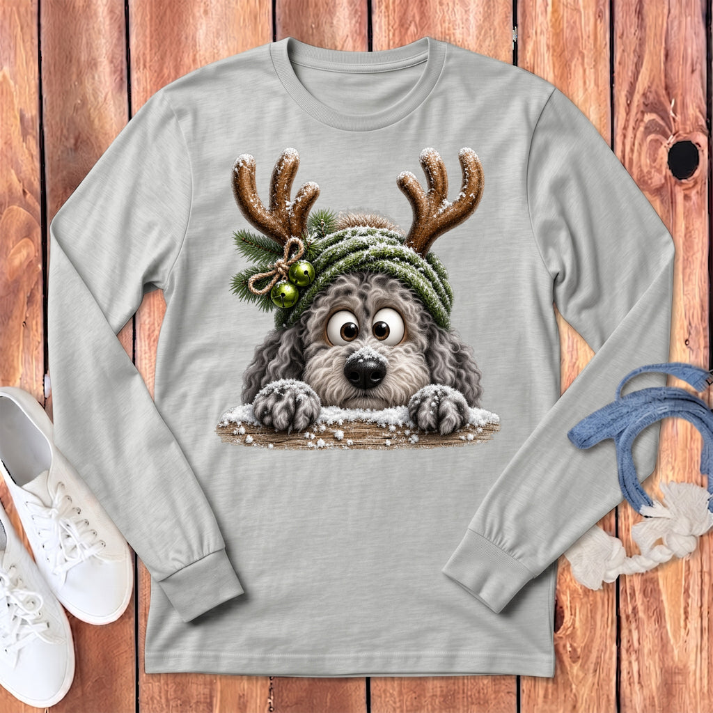 Grey long-sleeve shirt with a cartoon dog wearing antlers and a hat.