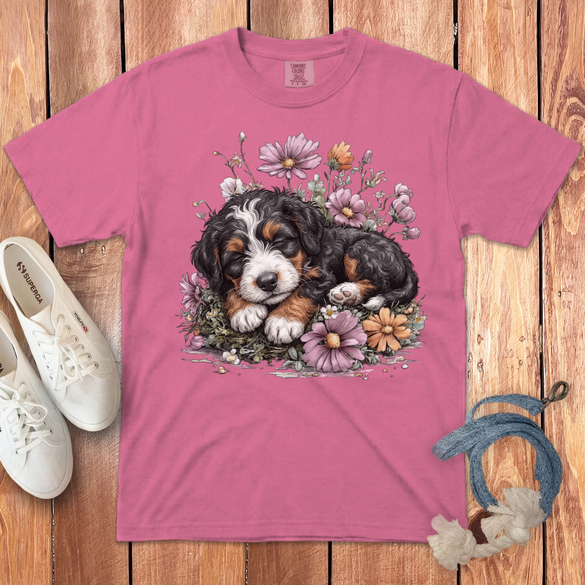 Pink t-shirt with a watercolor illustration of a Bernese Mountain Dog puppy sleeping among flowers.