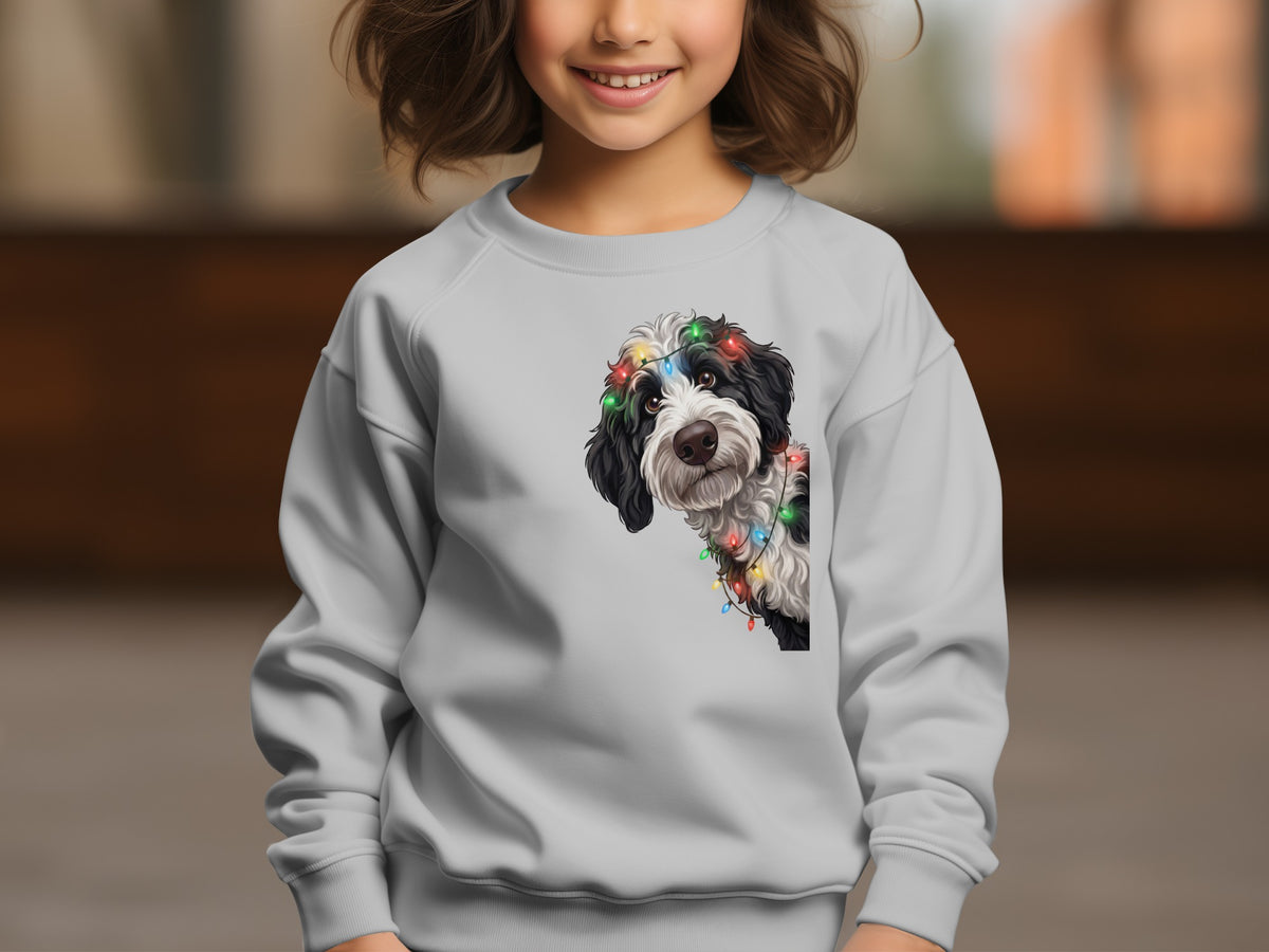 Gray sweatshirt with black and white dog wearing Christmas lights graphic.