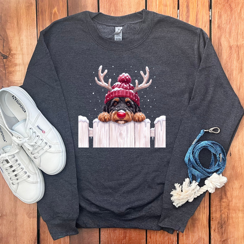 Dark grey sweatshirt featuring a dog wearing a Santa hat and reindeer antlers.