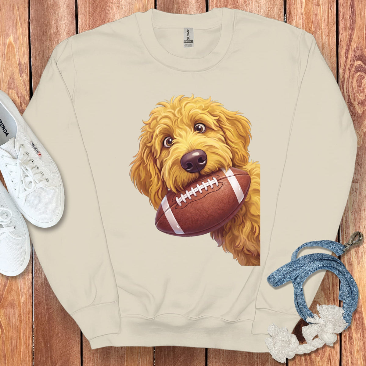 Golden Goldendoodle Football Sweatshirt in Sand / S by Puppy Jo