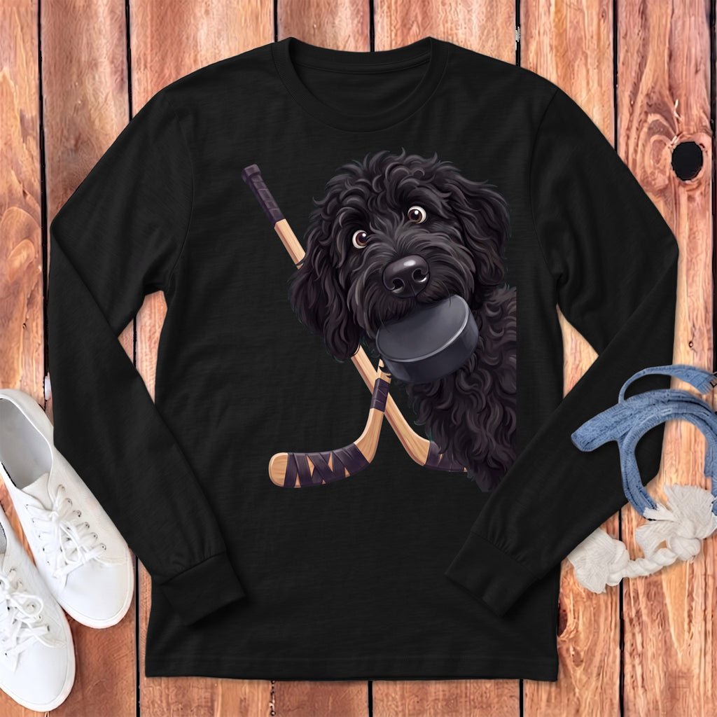 Black Goldendoodle Hockey Long Sleeve T-Shirt in Dark Grey Heather / S by Puppy Jo
