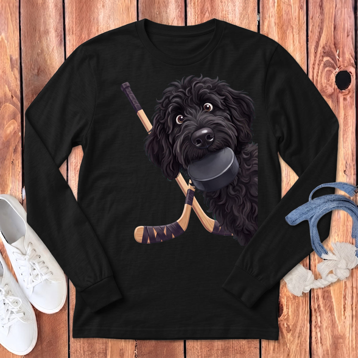 Black Goldendoodle Hockey Long Sleeve T-Shirt in Dark Grey Heather / S by Puppy Jo