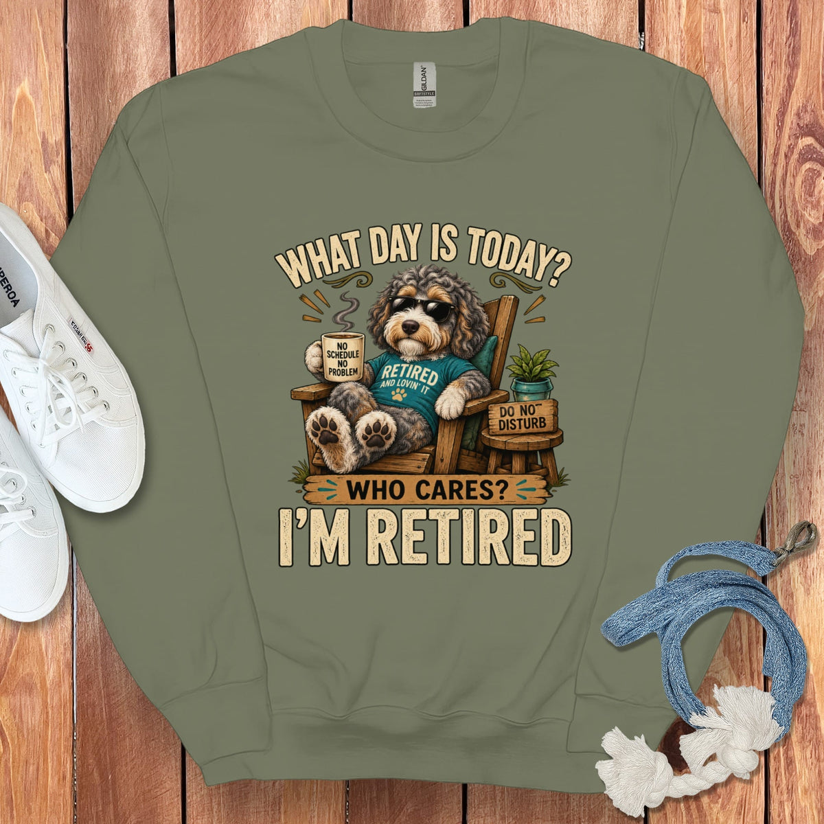 I'm Retired Aussiedoodle Sweatshirt in Military Green / S by Puppy Jo