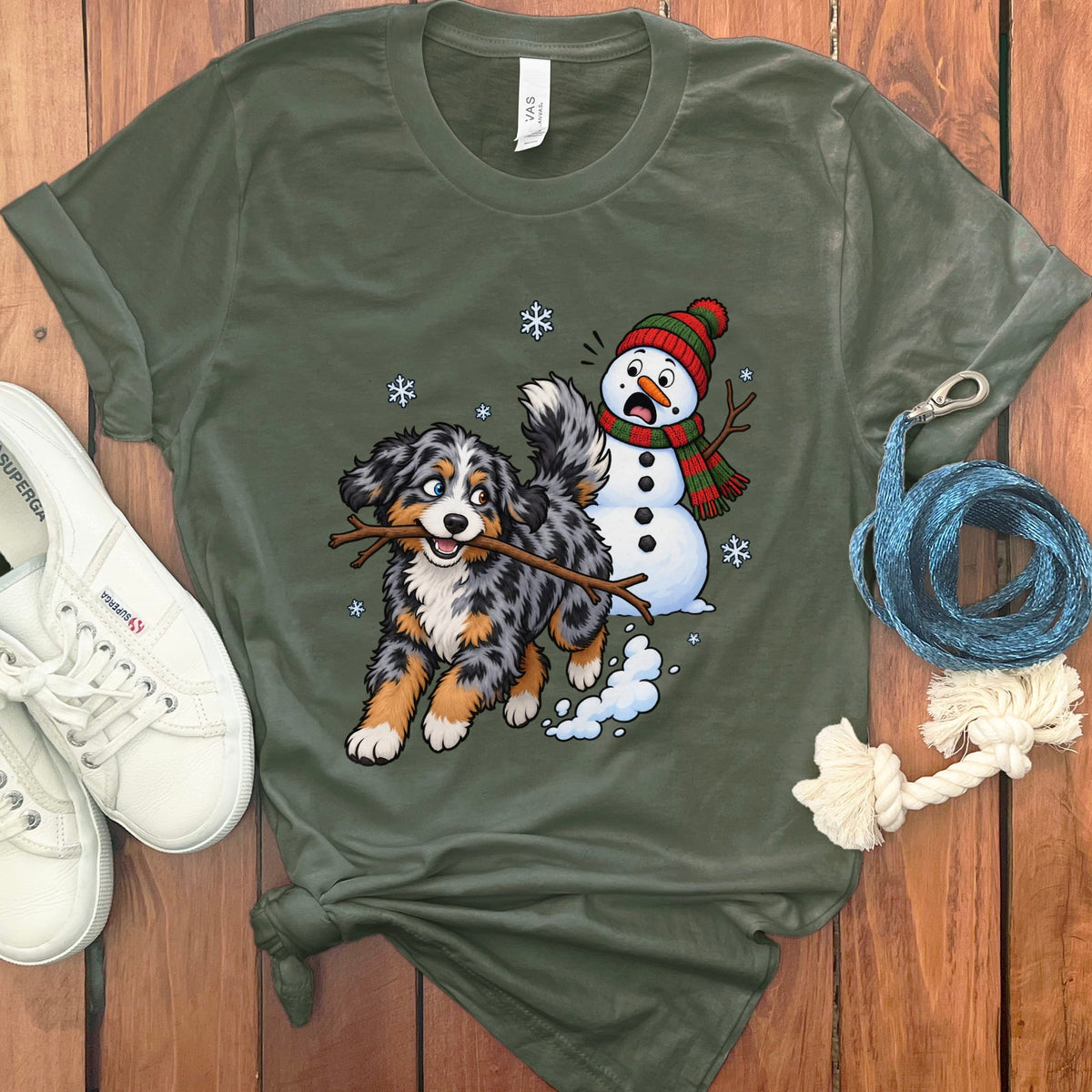 Aussiedoodle Snowman T-Shirt in Military Green / S by Puppy Jo