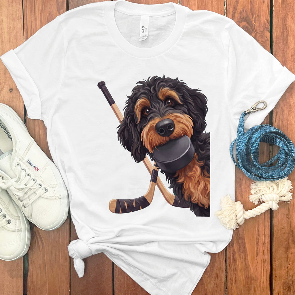Phantom Goldendoodle Hockey T-Shirt in White / S by Puppy Jo