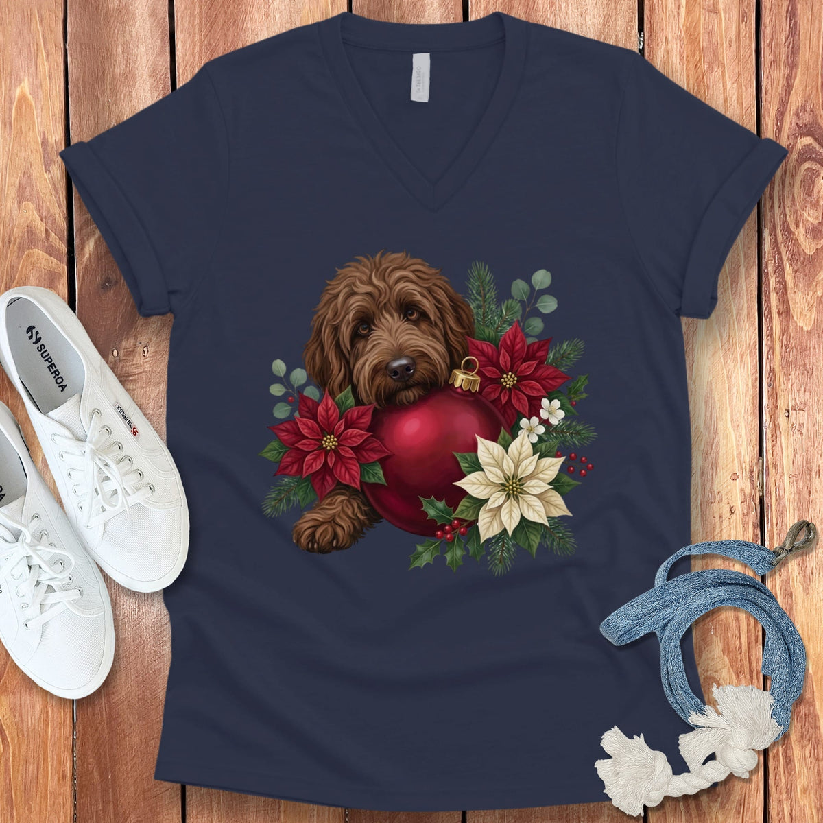 Chocolate Goldendoodle Holiday Cheer V-Neck T-Shirt in Navy / S by Puppy Jo