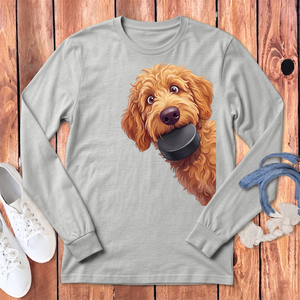 Apricot Goldendoodle Hockey Puck Long Sleeve T-Shirt in Athletic Heather / S by Puppy Jo