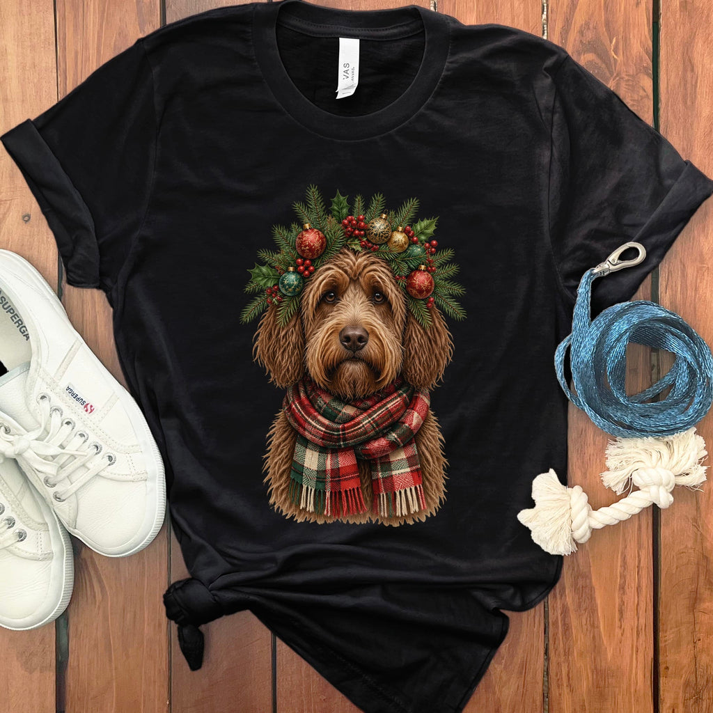 Chocolate Goldendoodle Holiday Crown T-Shirt in Black / S by Puppy Jo