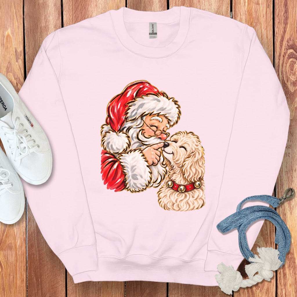 Cream Goldendoodle Santa Kiss Sweatshirt in Light Pink / S by Puppy Jo