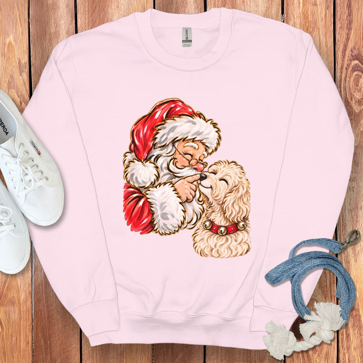 Cream Goldendoodle Santa Kiss Sweatshirt in Light Pink / S by Puppy Jo
