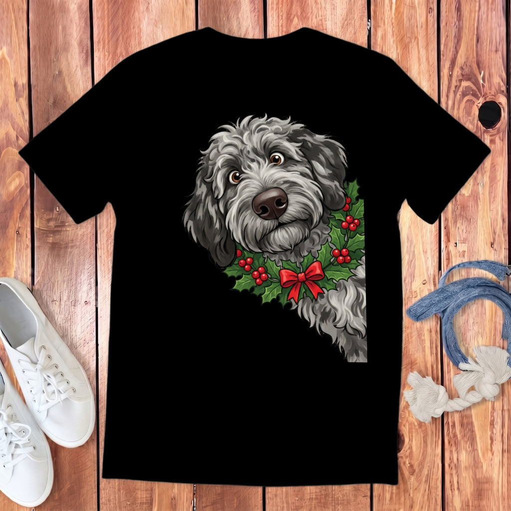 Black t-shirt with a grey dog wearing a holly wreath and red bow.