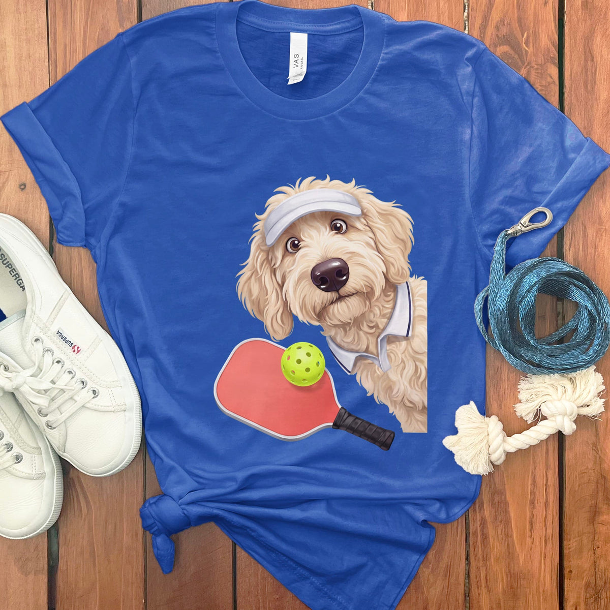 Cream Goldendoodle Pickleball Player T-Shirt in True Royal / S by Puppy Jo